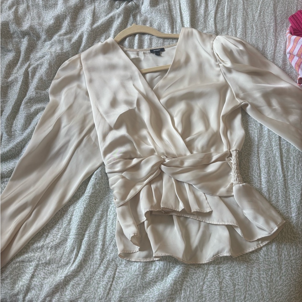 Express Cream Satin Wrap Blouse
